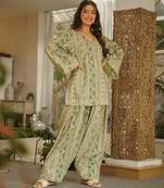 Light pistacambric cotton printed kurti set with salwar & dupatta