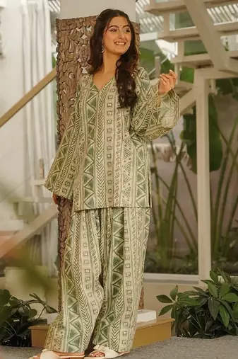 Light pistacambric cotton printed kurti set with salwar & dupatta