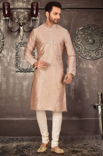 Light brown dupion art silk  kurta with pattern work and 8 button churidar