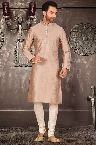 Light brown dupion art silk  kurta with pattern work and 8 button churidar