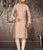 Light brown dupion art silk  kurta with pattern work and 8 button churidar