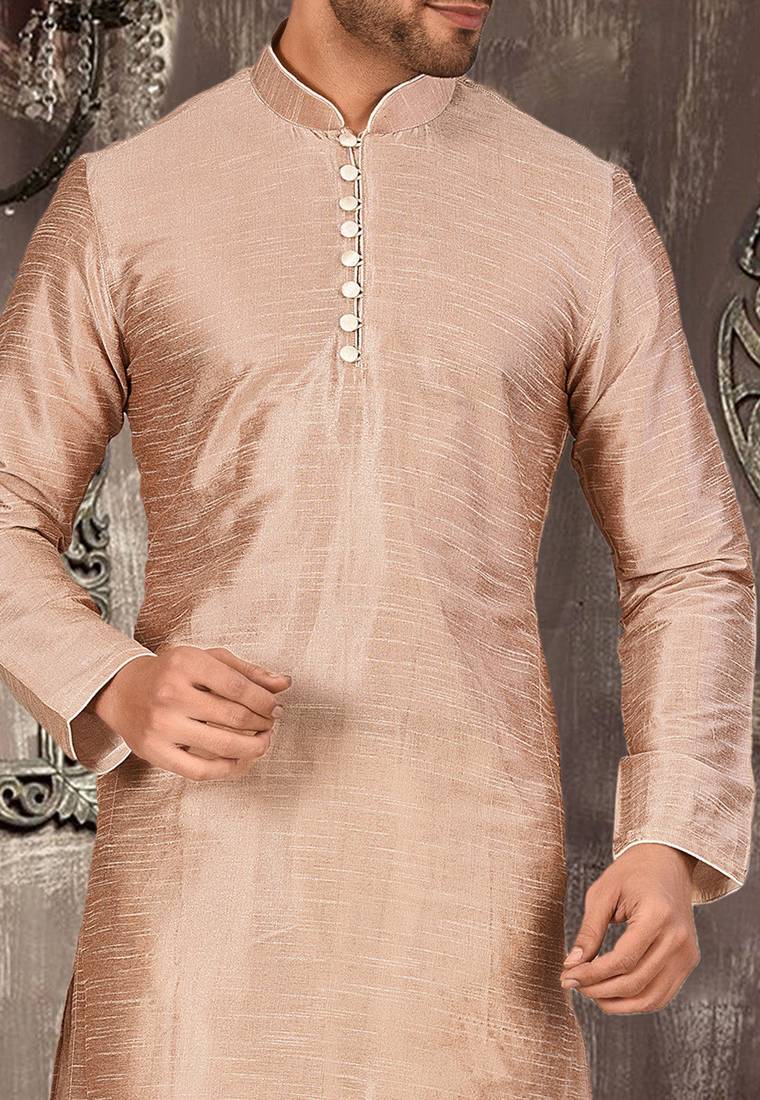 Light brown dupion art silk  kurta with pattern work and 8 button churidar