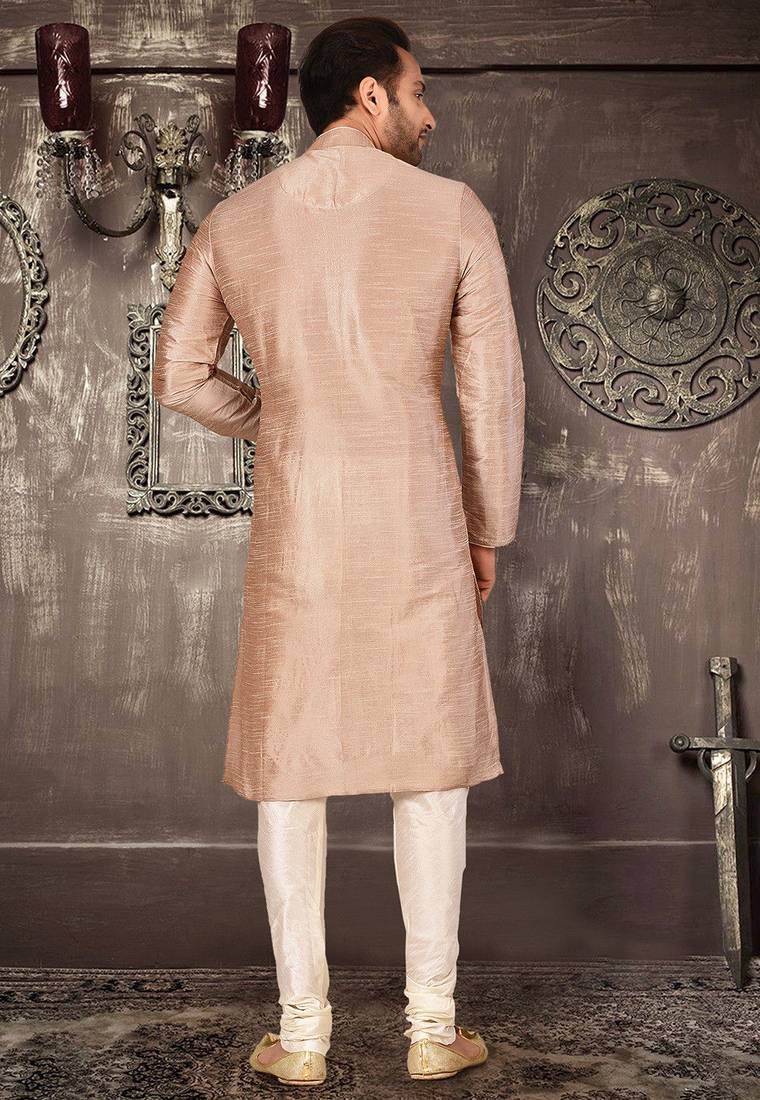 Light brown dupion art silk  kurta with pattern work and 8 button churidar