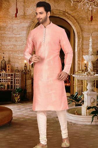 Pink dupion art silk  kurta with pattern work and 8 button churidar