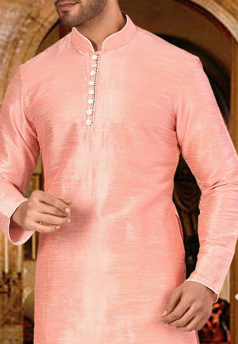Pink dupion art silk  kurta with pattern work and 8 button churidar