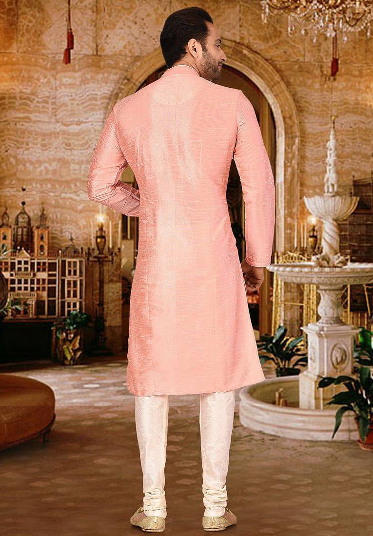 Pink dupion art silk  kurta with pattern work and 8 button churidar