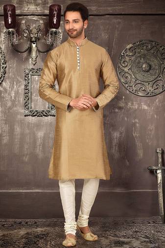 Beige dupion art silk  kurta with pattern work and 8 button churidar