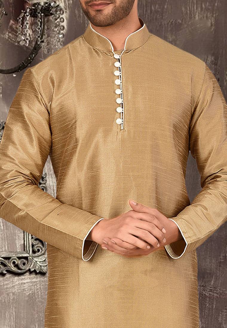 Beige dupion art silk  kurta with pattern work and 8 button churidar
