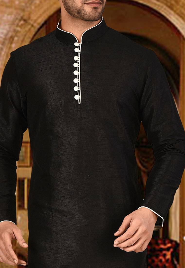 Black dupion art silk  kurta with pattern work and 8 button churidar
