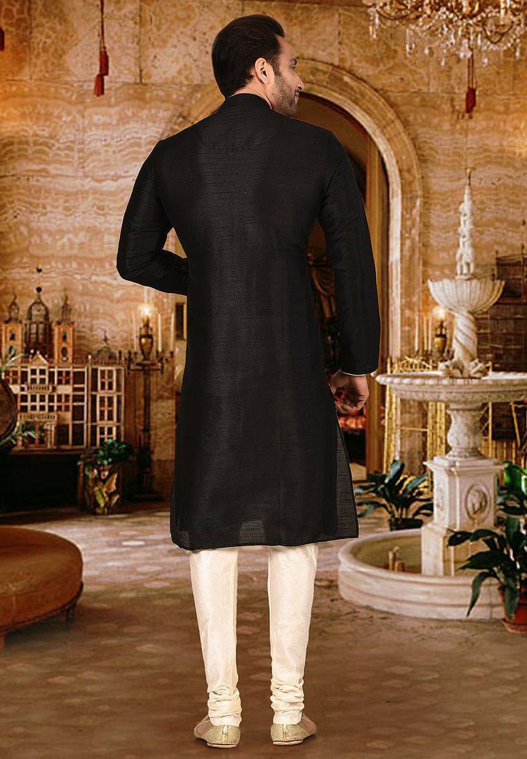 Black dupion art silk  kurta with pattern work and 8 button churidar