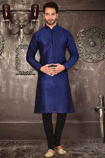 Royal blue dupion art silk  kurta with pattern work and 8 button churidar
