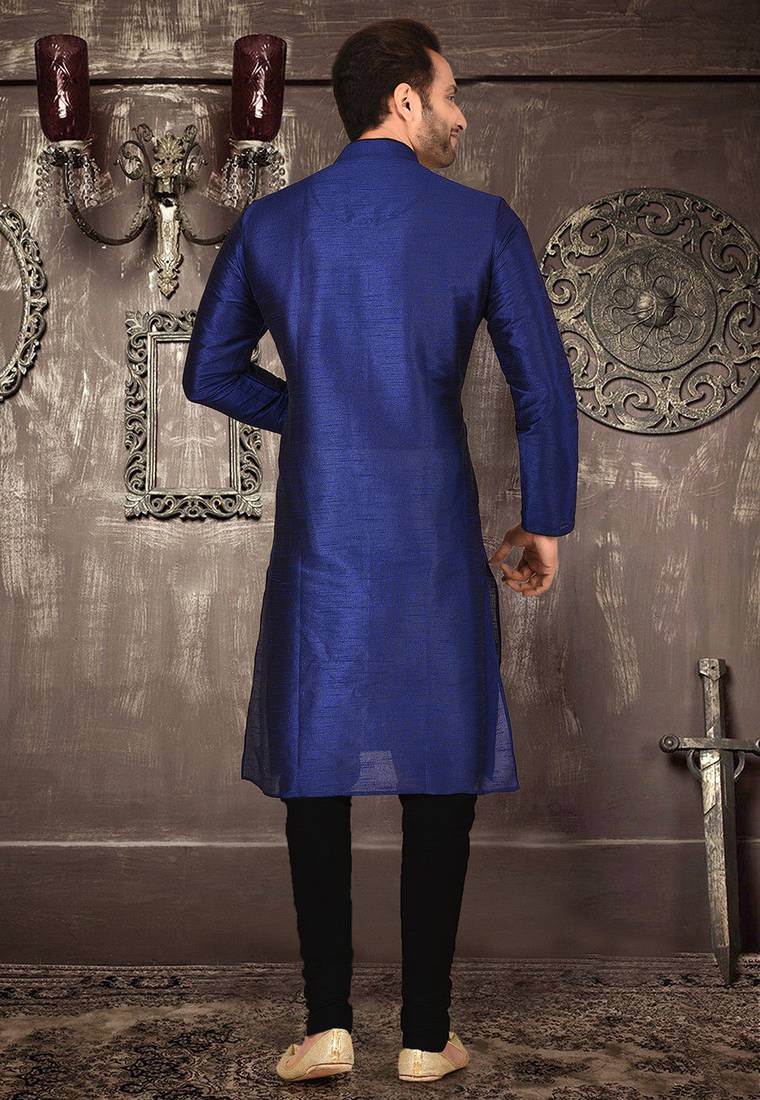 Royal blue dupion art silk  kurta with pattern work and 8 button churidar