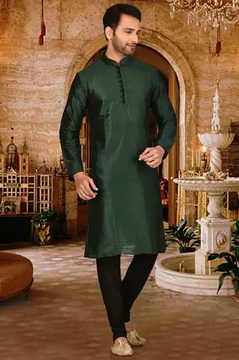 Bottle green dupion art silk  kurta with pattern work and 8 button churidar