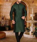Bottle green dupion art silk  kurta with pattern work and 8 button churidar