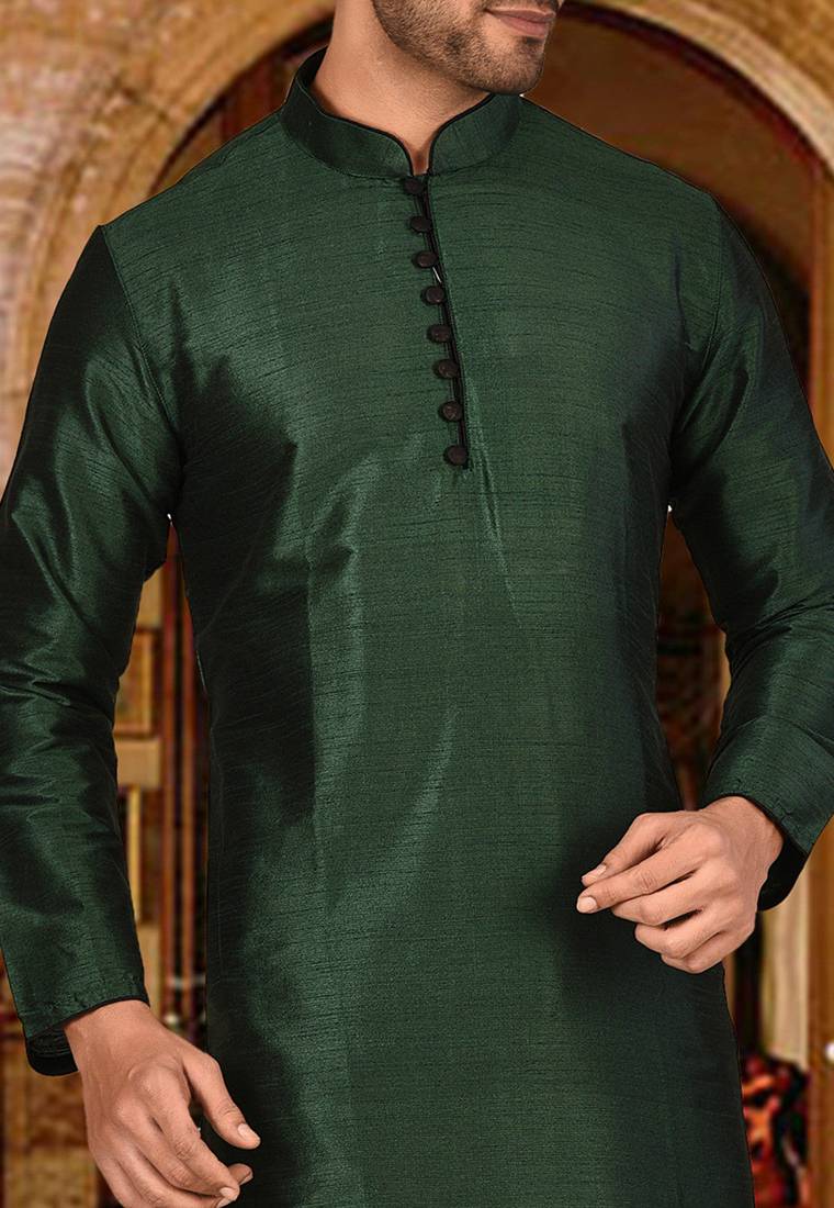 Bottle green dupion art silk  kurta with pattern work and 8 button churidar
