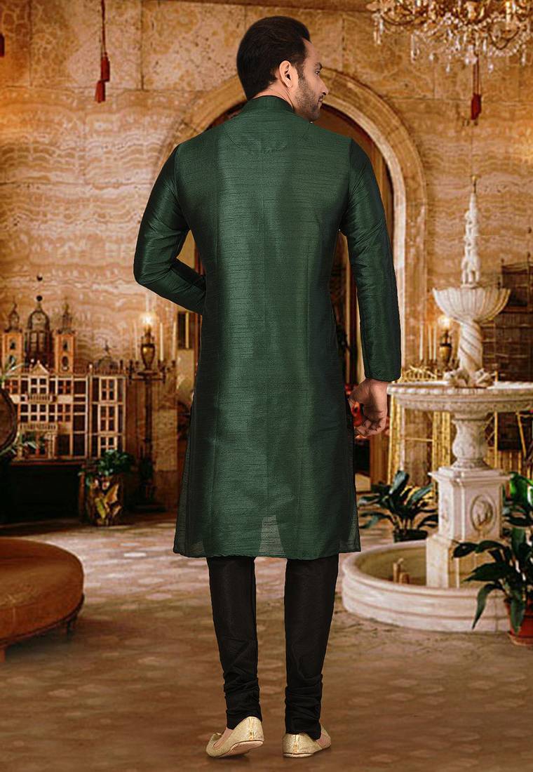 Bottle green dupion art silk  kurta with pattern work and 8 button churidar