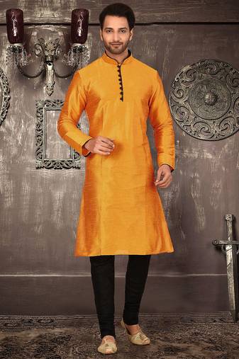 Mustard dupion art silk  kurta with pattern work and 8 button churidar