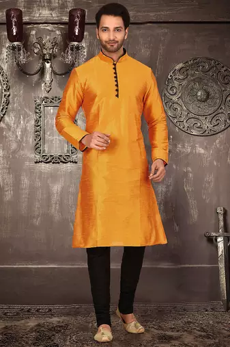 Mustard dupion art silk  kurta with pattern work and 8 button churidar