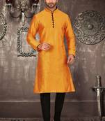 Mustard dupion art silk  kurta with pattern work and 8 button churidar