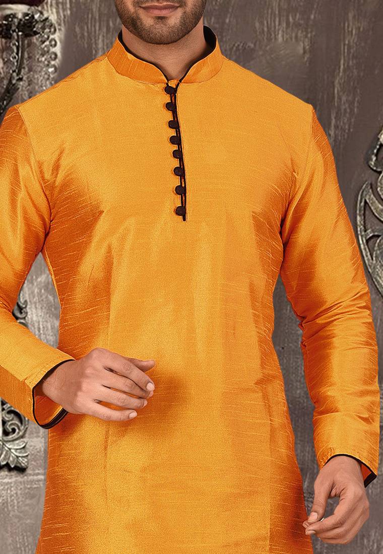 Mustard dupion art silk  kurta with pattern work and 8 button churidar