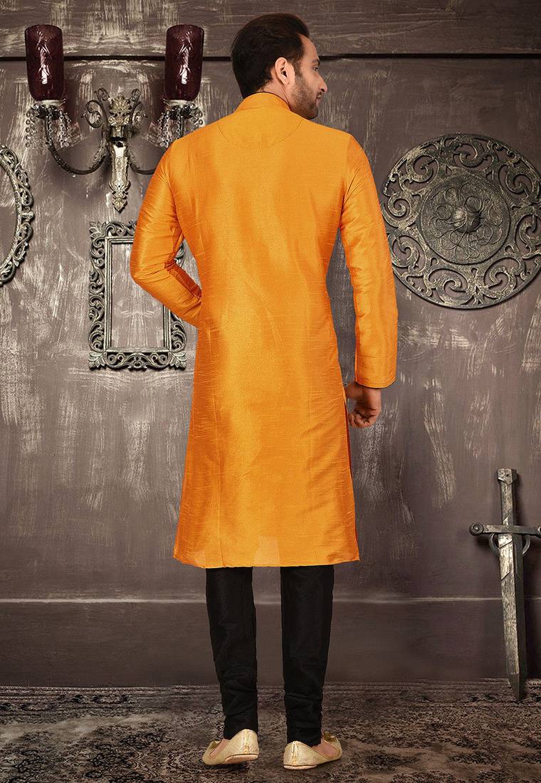 Mustard dupion art silk  kurta with pattern work and 8 button churidar