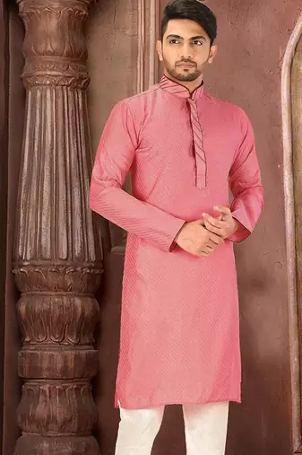 Peach dupion art silk  kurta with pattern work and dk work churidar