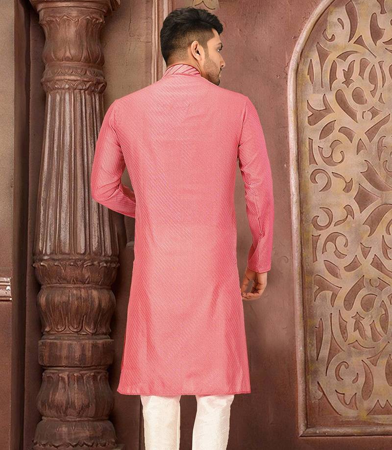 Peach dupion art silk  kurta with pattern work and dk work churidar