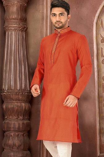 Orange dupion art silk  kurta with pattern work and dk work churidar