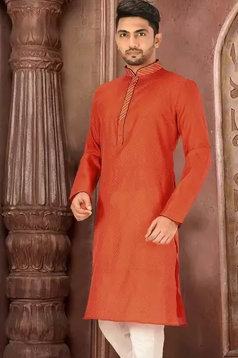 Orange dupion art silk  kurta with pattern work and dk work churidar