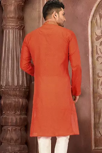 orange art dupion silk kurta with pattern work