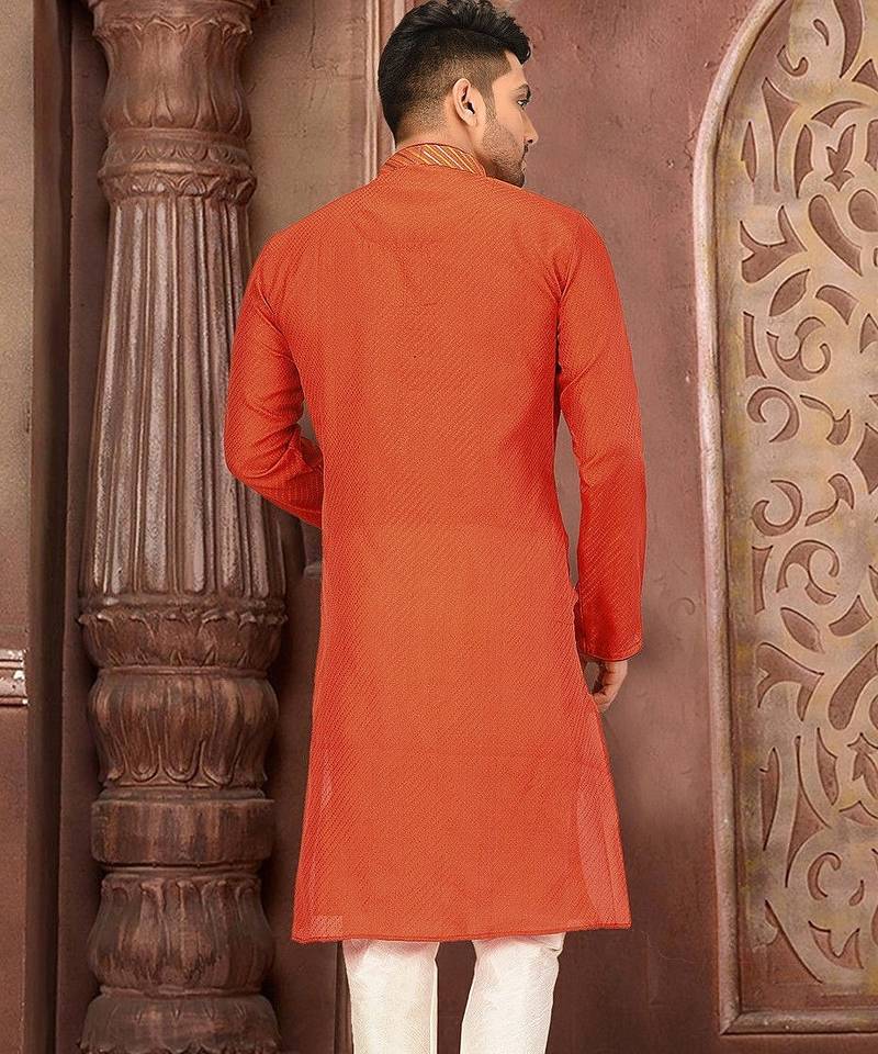 Orange dupion art silk  kurta with pattern work and dk work churidar
