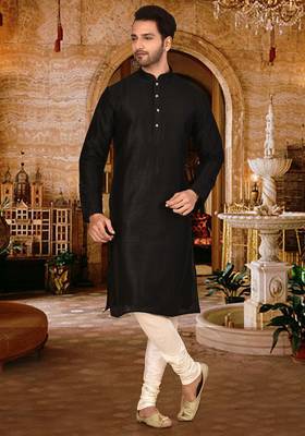 black art dupion silk kurta with designer pattern 1
