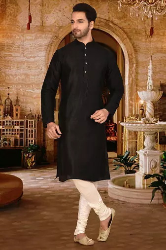 Black dupion art silk  kurta with pattern work and fancy button churidar