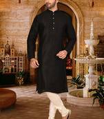 Black dupion art silk  kurta with pattern work and fancy button churidar