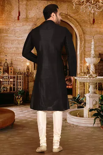 black art dupion silk kurta with designer pattern