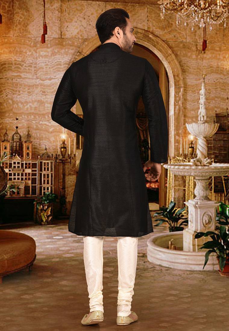 Black dupion art silk  kurta with pattern work and fancy button churidar