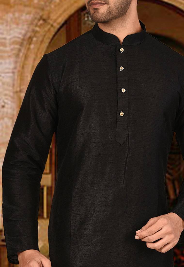 Black dupion art silk  kurta with pattern work and fancy button churidar