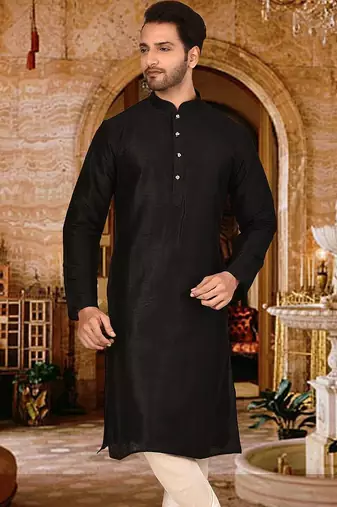 black art dupion silk kurta with designer pattern