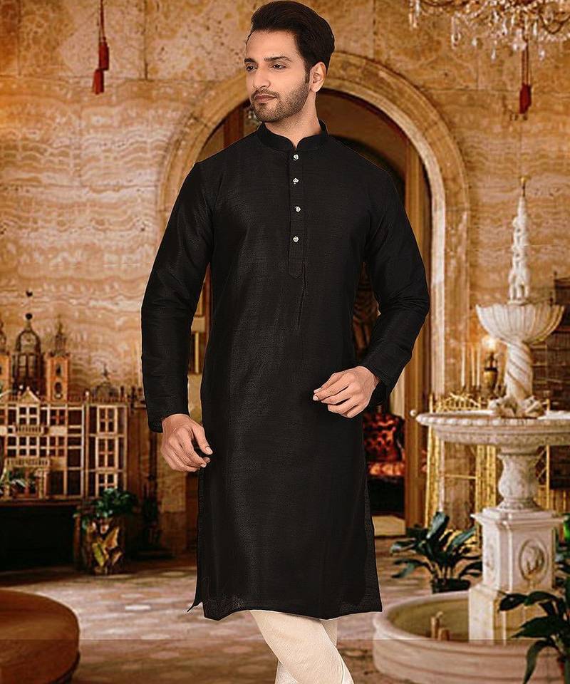 Black dupion art silk  kurta with pattern work and fancy button churidar