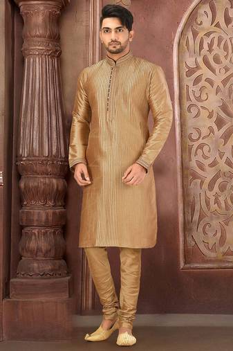 Beige dupion art silk  kurta with pattern work and printex work churidar