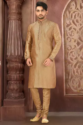 Beige dupion art silk  kurta with pattern work and printex work churidar