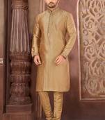 Beige dupion art silk  kurta with pattern work and printex work churidar