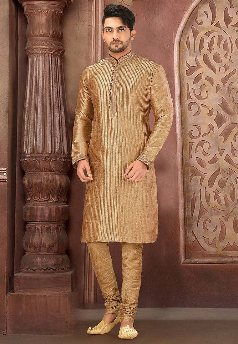Beige dupion art silk  kurta with pattern work and printex work churidar