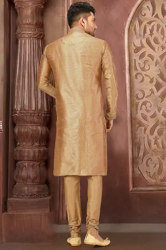 beige art dupion silk kurta with printed churidar set