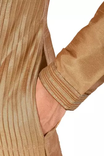 beige art dupion silk kurta with printed churidar set