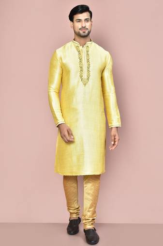 Yellow mulbury  kurta with pattern work&hand work churidar