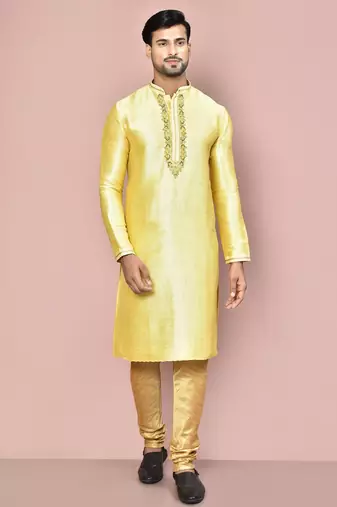 Yellow mulbury  kurta with pattern work&hand work churidar