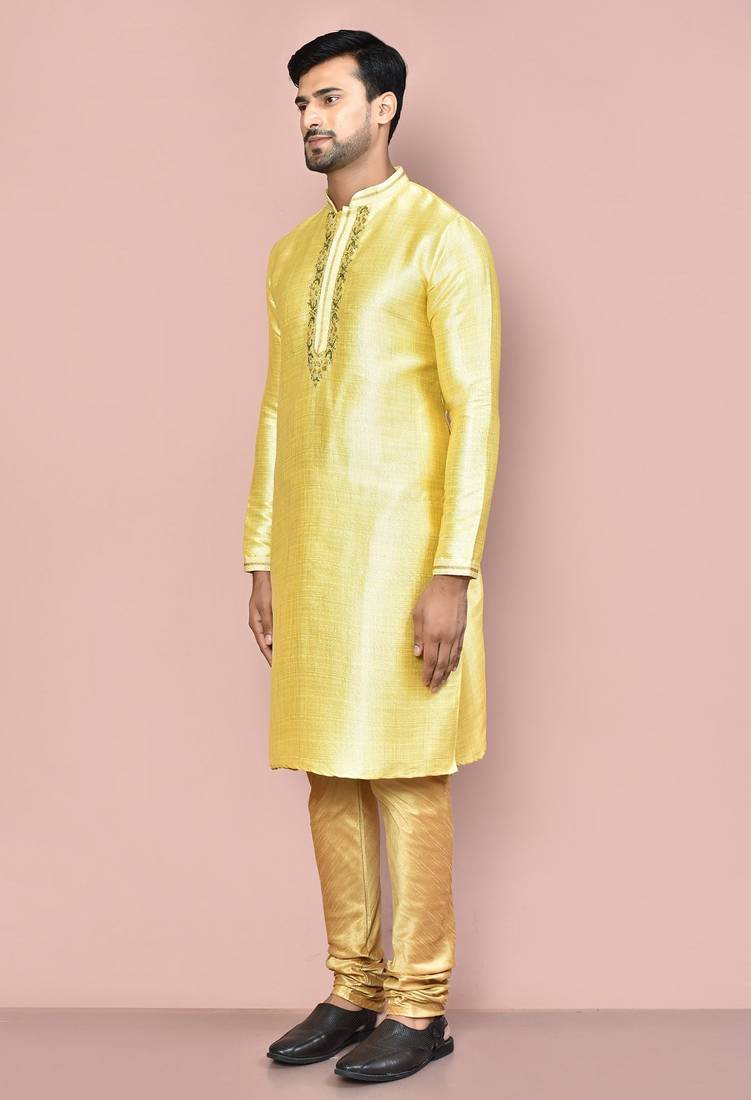 Yellow mulbury  kurta with pattern work&hand work churidar