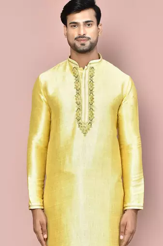 yellow mulberry silk kurta with pattern work