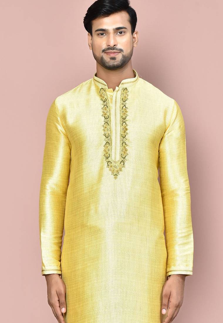 Yellow mulbury  kurta with pattern work&hand work churidar